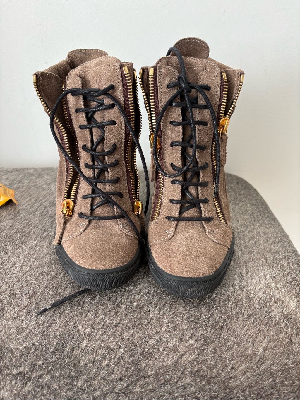Women's Taupe Suede Lace-Up Heeled Boots With Gold Zippers